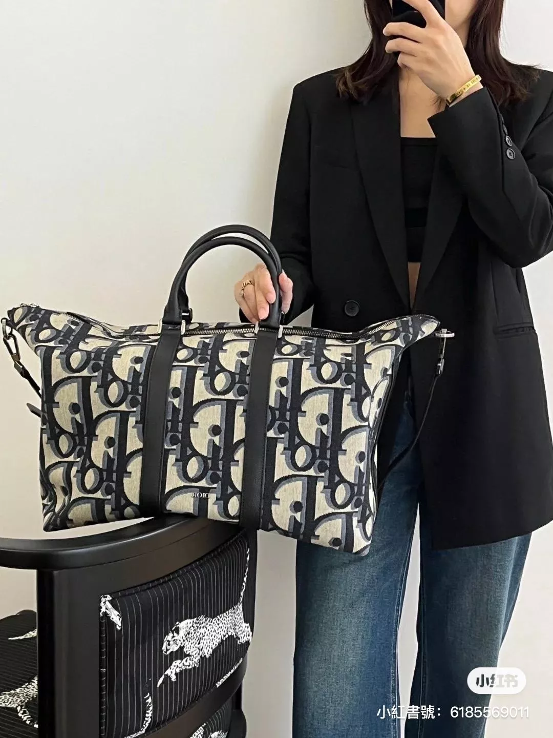 Dior Oblique 深藍老花圖案提花帆布 weekender 40 手提肩背旅行袋