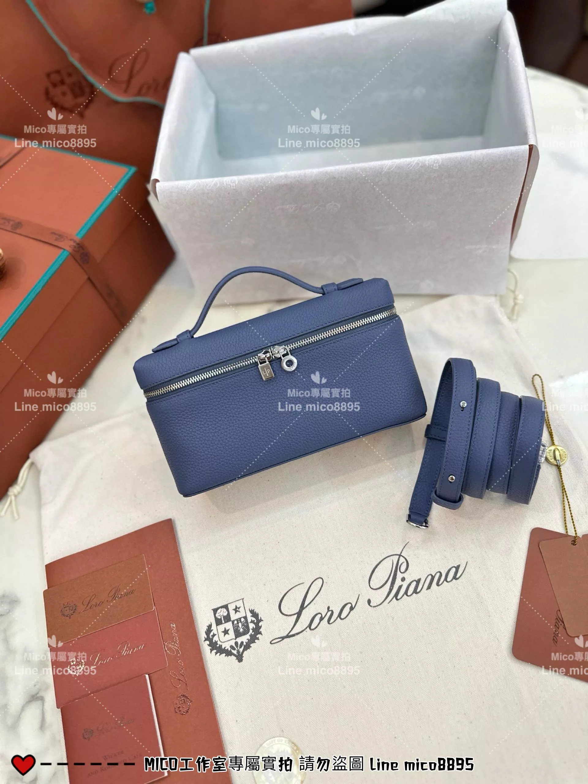 Loro Piana Extra Poket L19 飯盒包 冷顫藍/銀釦 小牛皮 19cm
