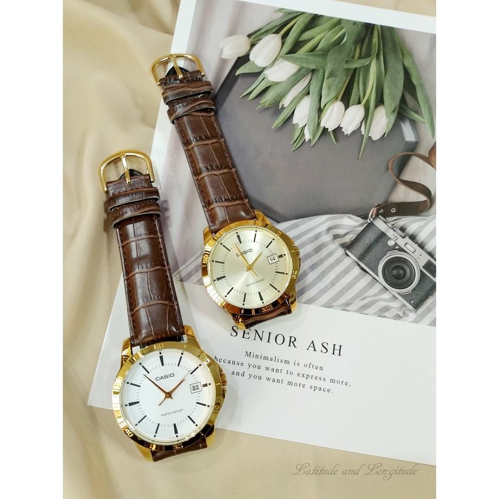 經緯度鐘錶CASIO復古手錶 皮質錶帶 高雅時尚 防水 日期顯示 大小錶徑情侶對錶 正品公司貨MTP-V004GL
