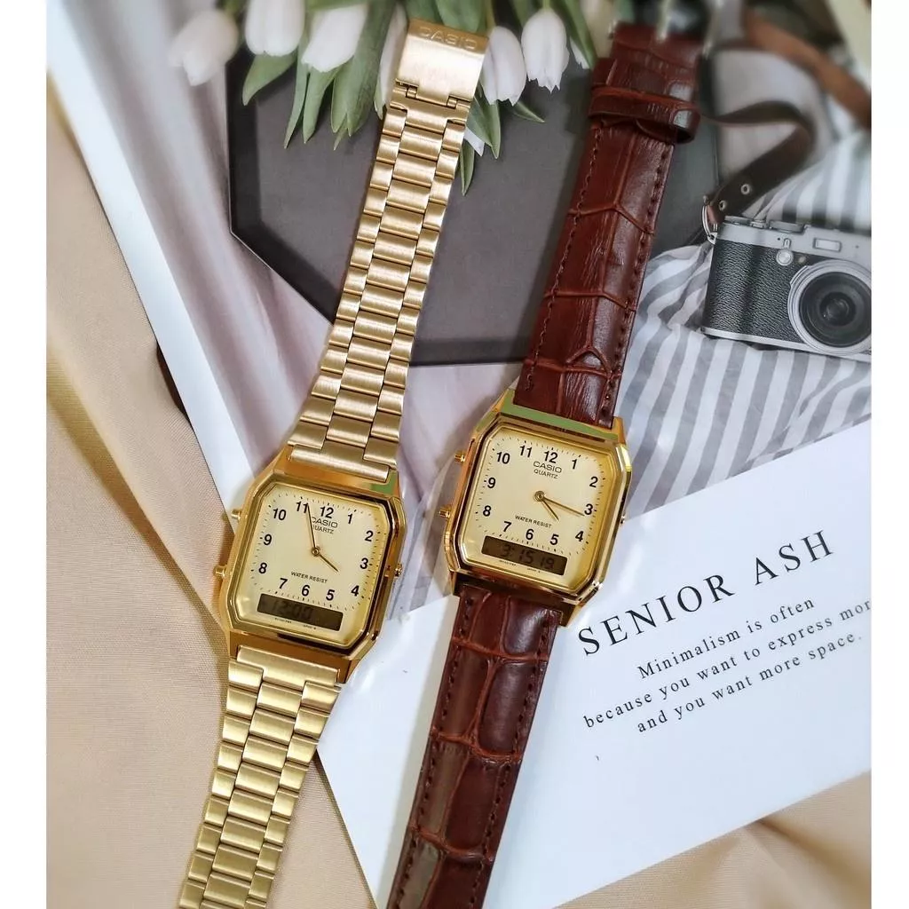 經緯度鐘錶【CASIO】手錶專賣店 CASIO金錶 復古雙顯錶 保證台灣公司貨附保固卡【超低價】AQ-230GA