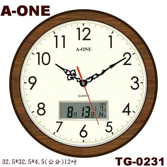 A-ONE靜音時鐘 經緯度鐘錶 12吋 LCD 雙顯示時鐘 仿木紋邊框 日期時鐘星期時間同時顯示 台灣製造TG-0231