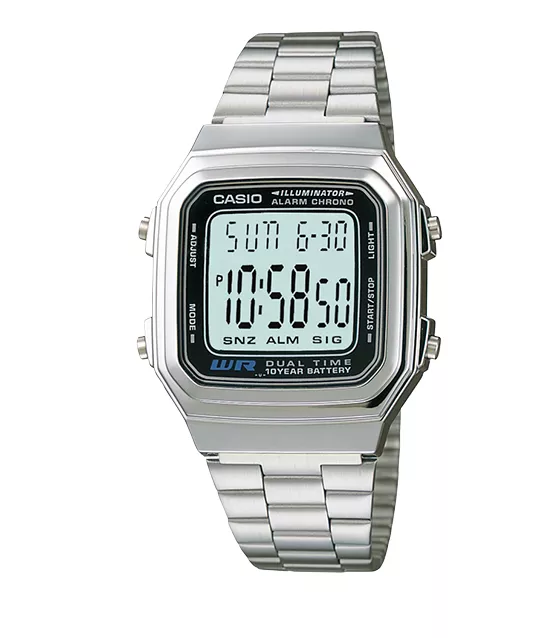 CASIO卡西歐手錶專賣店 十年電池超大字體 銀色不鏽鋼錶帶  中性錶款  A178WA