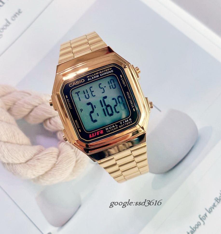 CASIO卡西歐手錶專賣店 十年電池超大字體 金色不鏽鋼錶帶  中性錶款  A178WGA