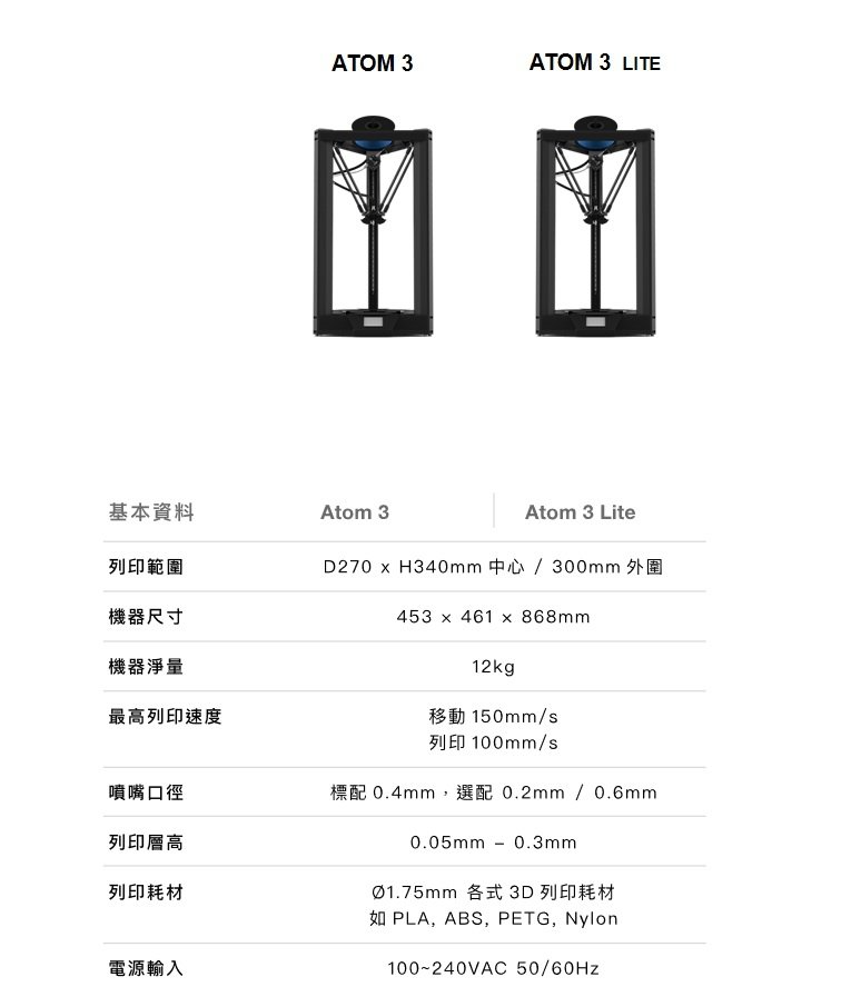 ATOM 3 LITE (FDM 3D列印機)產品規格