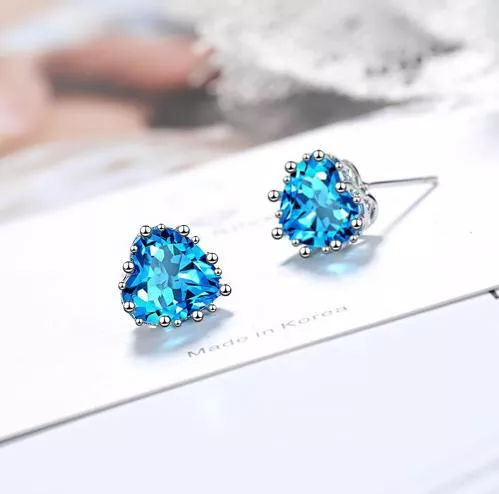 耳環-蔚藍心海 藍色愛心鋯石925銀針耳針