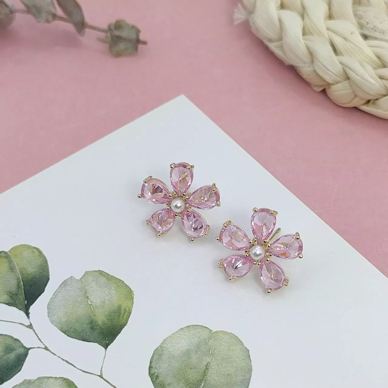 耳環-櫻花戀  925銀針粉色櫻花鋯石珍珠耳釘