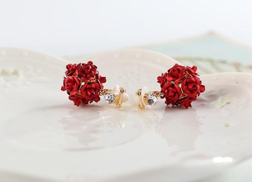 耳環-繁花 氣質玫瑰花球三角耳夾
