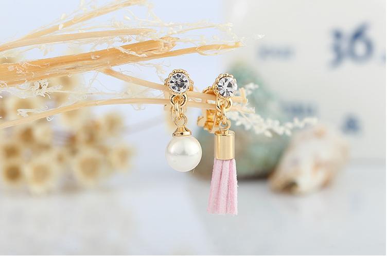 耳環-粉色佳人 優雅粉色流蘇珍珠不對稱三角耳夾