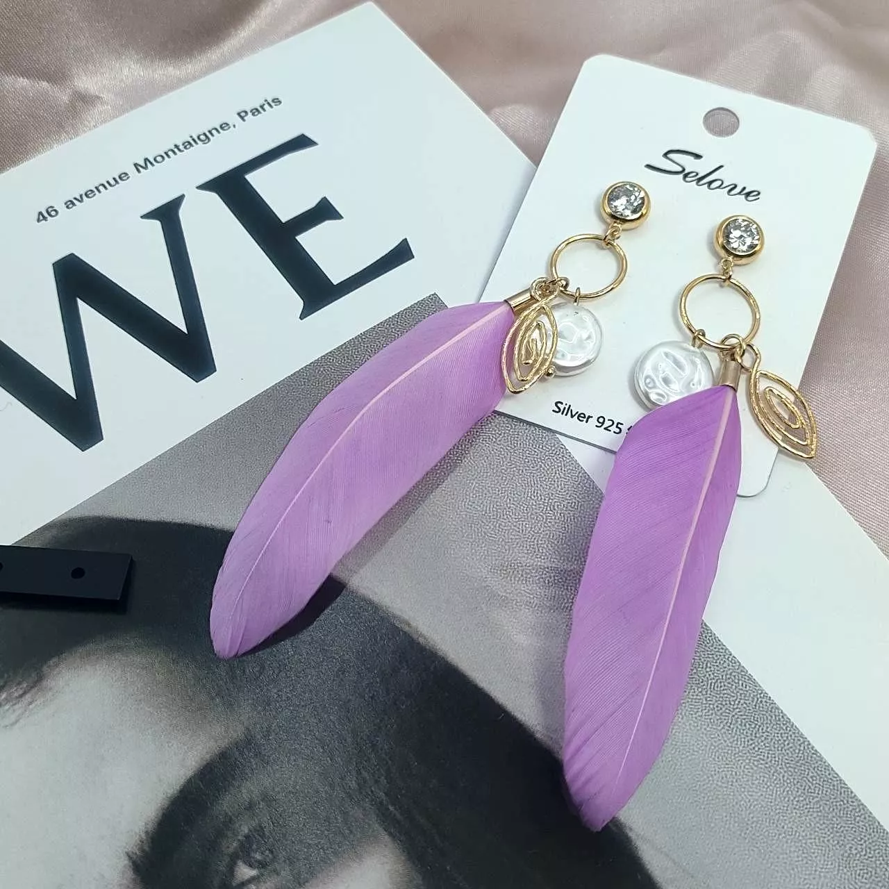 【超值耳環】紫色仙子 浪漫紫色羽毛珍珠水鑽925銀針耳釘