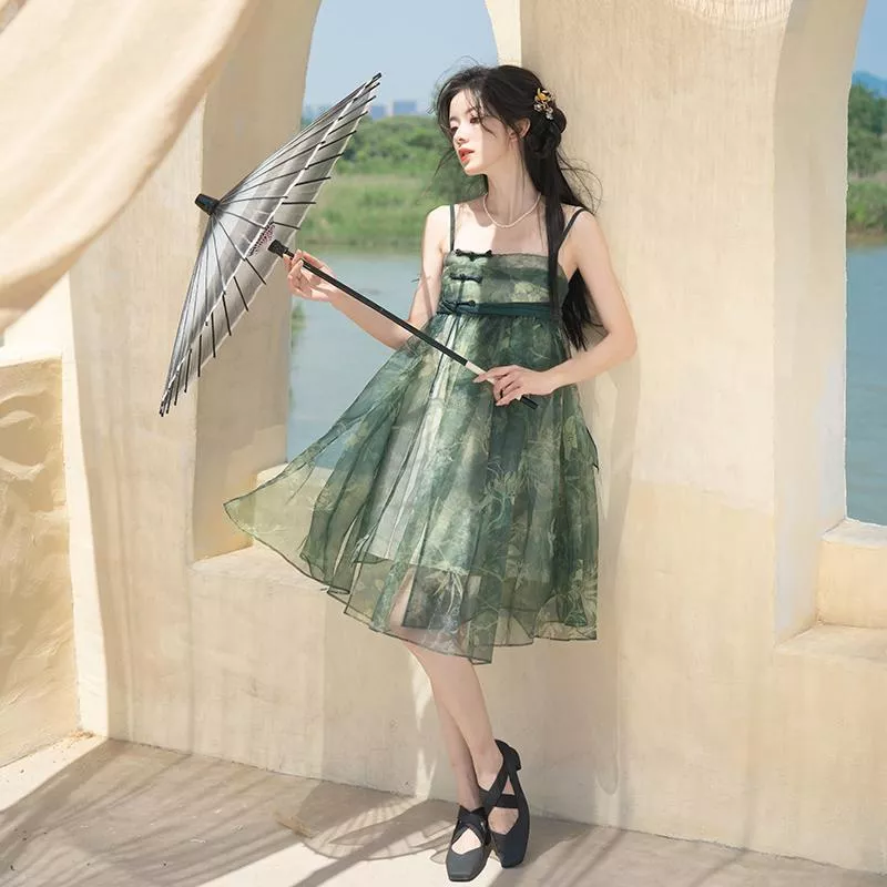 [翠微]夏季國風印花綠色薄紗不規則裙擺齊胸洋裝
