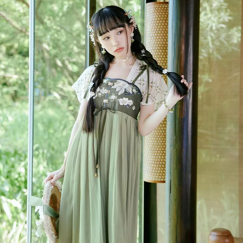 [蘭澤]國風刺繡夏季淡雅清新綠色假兩件印花洋裝