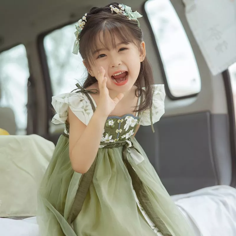 [蘭澤]國風清涼舒適女童綠色短袖齊胸洋裝童裝夏