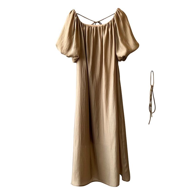 DANDT法式溫柔泡泡袖連衣裙2023夏季新款小眾設計系帶中長裙H810(23 JUN Ian) 歐美服飾