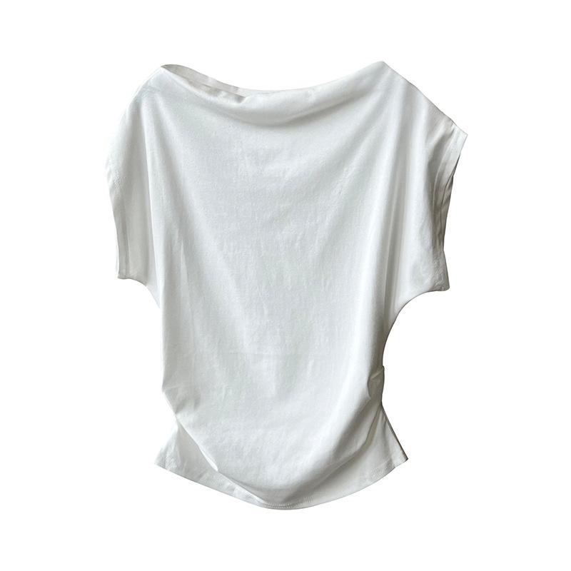 DANDT法式一字領露肩短袖T恤女2023夏季設計感褶皺收腰上衣 678(23 JUN Ian) 歐美服飾