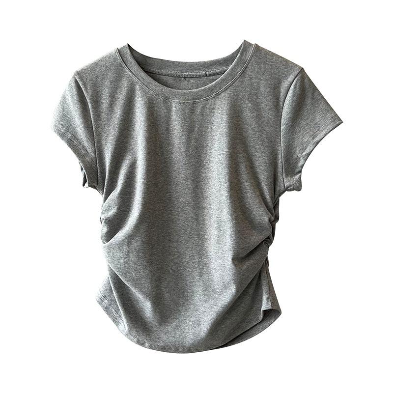 DANDT  設計感側邊抽褶T恤女2023夏季新款收腰顯瘦短袖修身上衣 677(23 JUN Ian) 歐美服飾