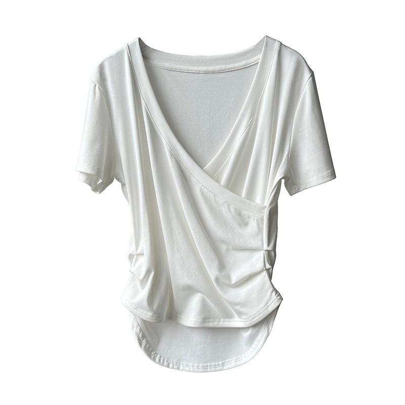 DANDT交叉V領短袖T恤女2023夏季新款設計感氣質收腰修身上衣3155(23 JUN Ian) 歐美服飾