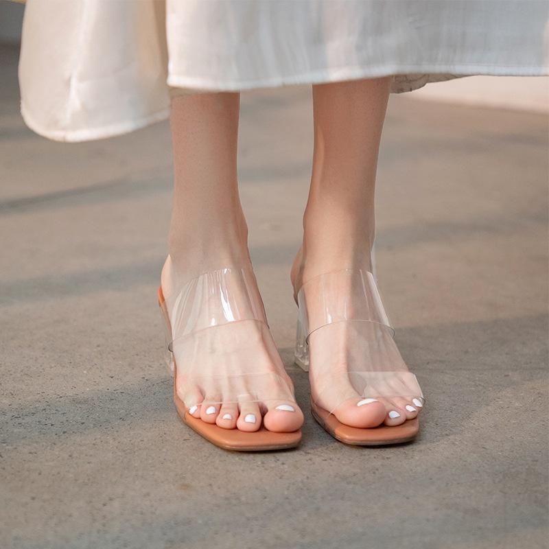 DANDT 水晶跟顯高透明絆帶2021夏季新款INS網紅粗高跟仙女涼鞋外穿拖鞋(23 JUN BSH) 歐美女鞋