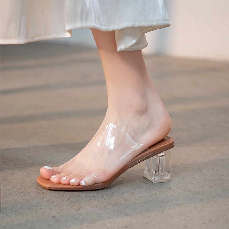 DANDT 水晶跟顯高透明絆帶2021夏季新款INS網紅粗高跟仙女涼鞋外穿拖鞋(23 JUN BSH) 歐美女鞋