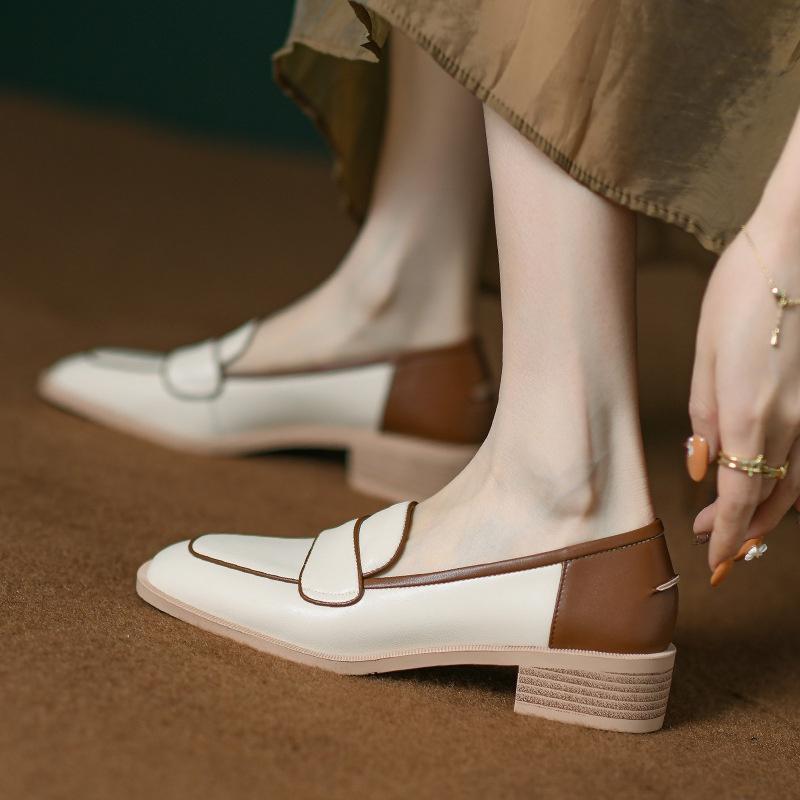 DANDT 英倫風巧克力拼色全皮樂福鞋2022春季粗中跟方頭小皮鞋深口單鞋女(23 JUN BSH) 歐美女鞋