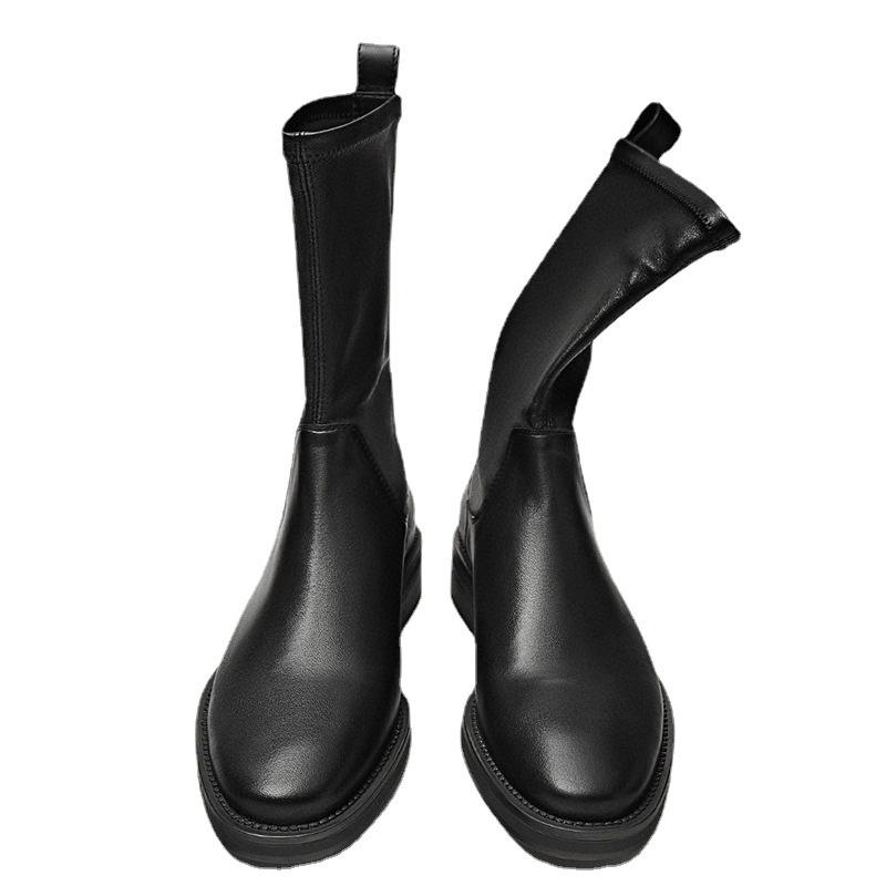 DANDT 2022年秋季新款圓頭平底頭層牛皮一腳蹬彈力靴時裝短靴(23 JUN SIN) 外銷女鞋