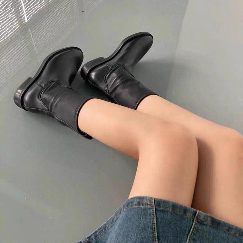 DANDT 2022年秋季新款圓頭平底頭層牛皮一腳蹬彈力靴時裝短靴(23 JUN SIN) 外銷女鞋