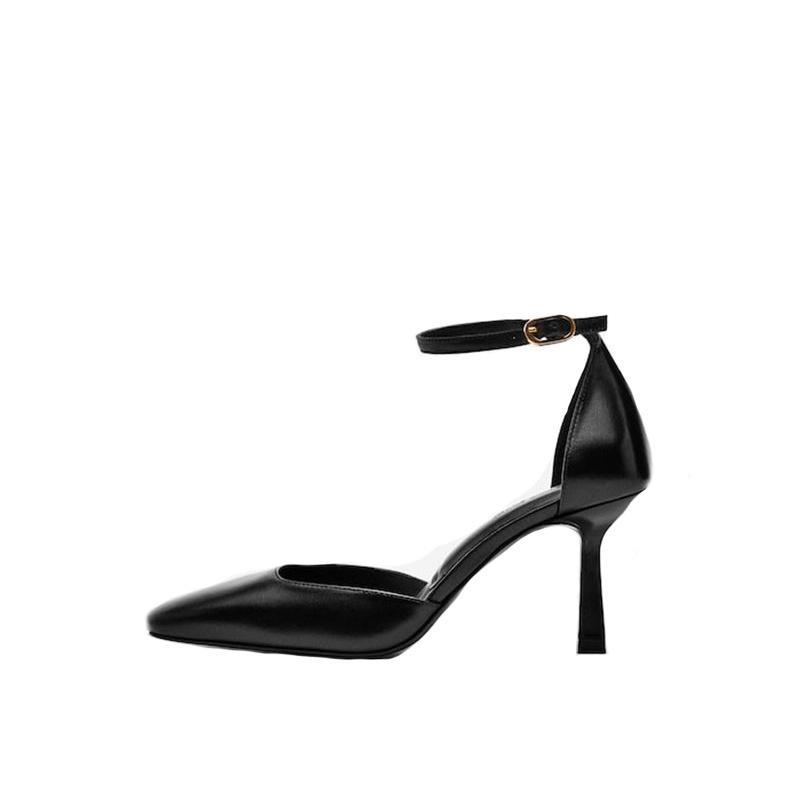 DANDT 2022年夏季新款女鞋 黑色方頭復古設計感頭層牛皮包頭高跟涼鞋(23 JUN SIN) 外銷女鞋
