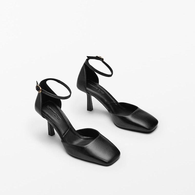 DANDT 2022年夏季新款女鞋 黑色方頭復古設計感頭層牛皮包頭高跟涼鞋(23 JUN SIN) 外銷女鞋