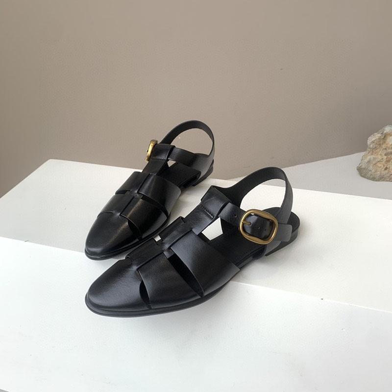 DANDT 夏季新款女鞋頭層牛皮包頭羅馬鏤空復古瑪麗珍平底尖頭涼鞋(23 JUN SIN) 外銷女鞋