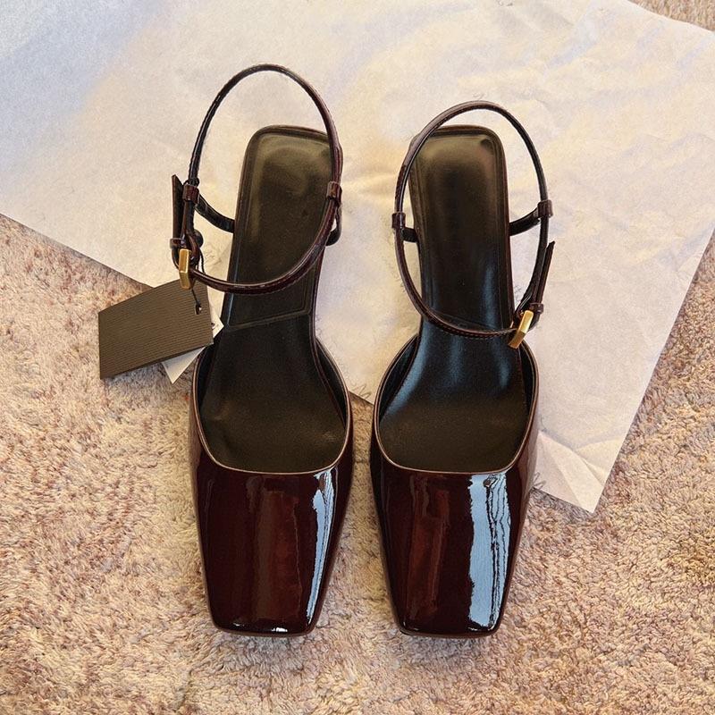 DANDT 夏季新款女鞋頭層牛皮包頭涼鞋方頭穆勒氣質時裝高跟鞋腳腕絆帶(23 JUN SIN) 外銷女鞋