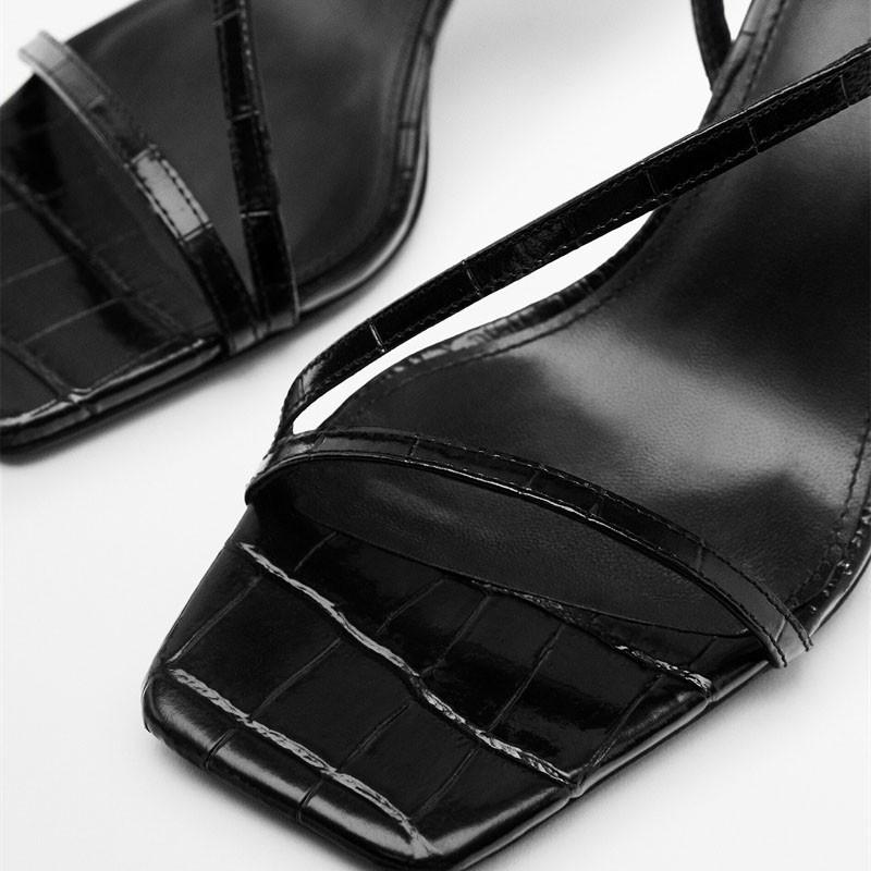 DANDT 夏季新款女鞋頭層牛皮黑色方頭一字帶細跟氣質高跟涼鞋(23 JUN SIN) 外銷女鞋