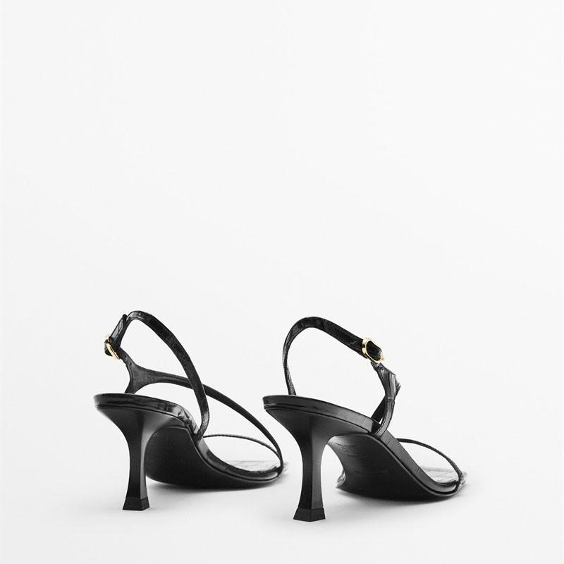 DANDT 夏季新款女鞋頭層牛皮黑色方頭一字帶細跟氣質高跟涼鞋(23 JUN SIN) 外銷女鞋