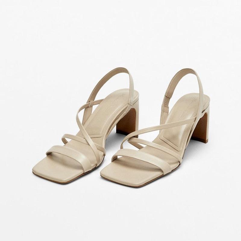 DANDT 夏季新款女鞋羊皮一字帶粗跟高跟方頭露趾氣質法式小眾涼鞋(23 JUN SIN) 外銷女鞋