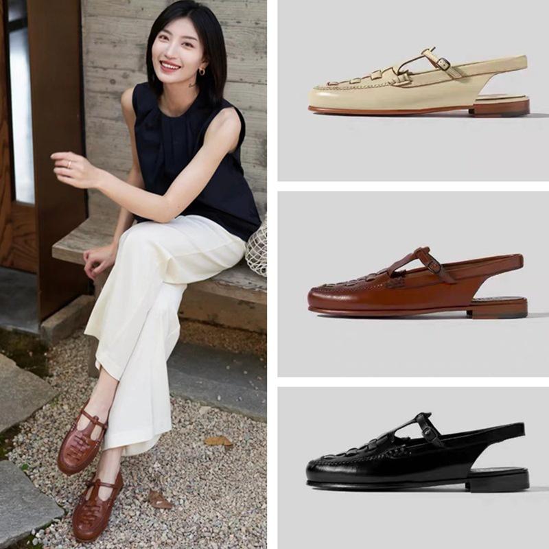 DANDT 小眾春夏新款牛皮手工編織涼鞋低跟復古包頭粗跟羅馬單鞋女(23 JUN CHI)外銷女鞋