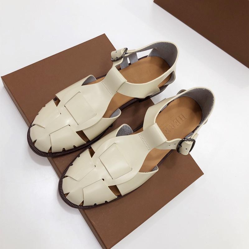 DANDT 外貿復古涼鞋女平底包頭羅馬鞋2023新款真皮鏤空女鞋(23 JUN CHI)外銷女鞋