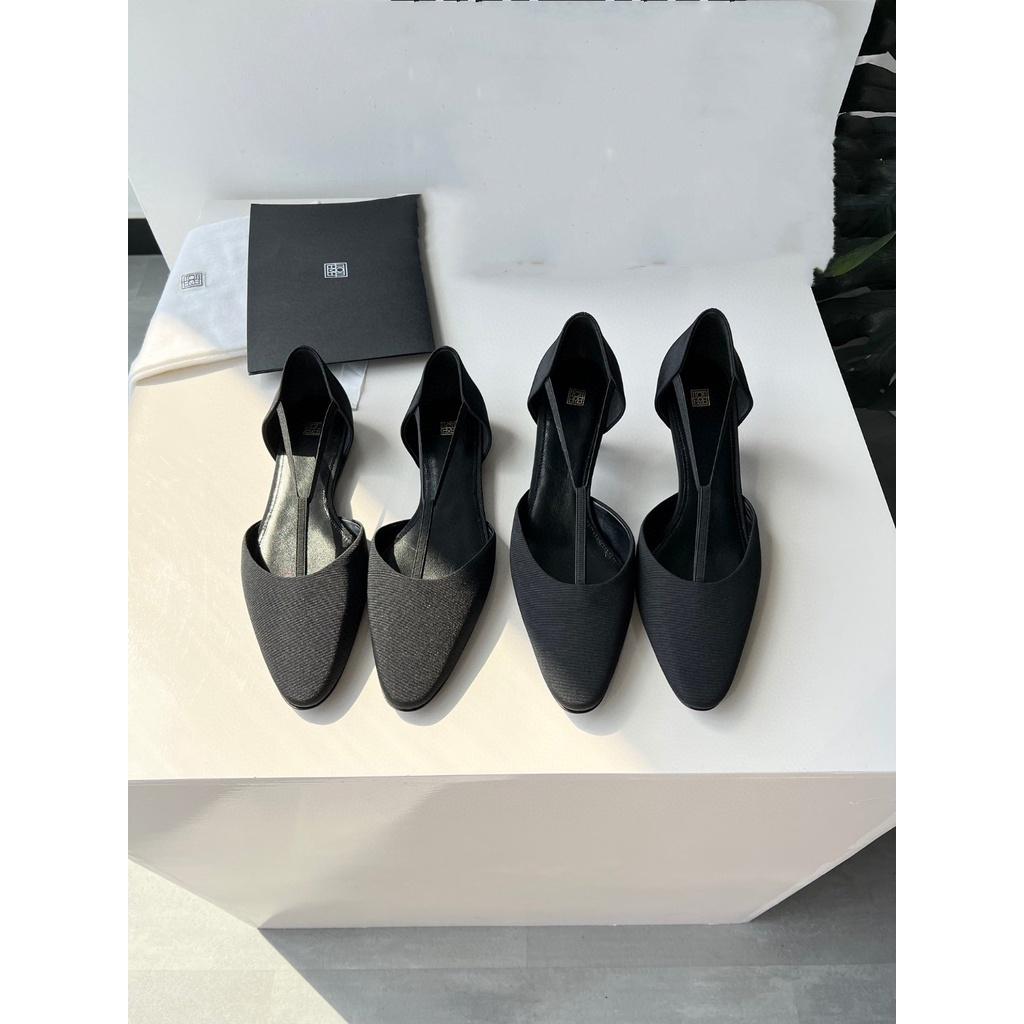 DANDT 時尚黑色包頭單鞋春夏新款顯瘦平底鞋法式尖頭中空涼鞋女(23 JUN CHI)外銷女鞋外銷女鞋