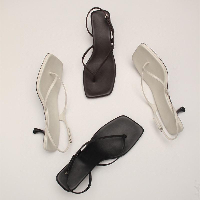 DANDT 涼鞋女新款方頭小貓跟人字涼鞋簡約真皮大氣款低跟女鞋(23 JUN CHI)外銷女鞋