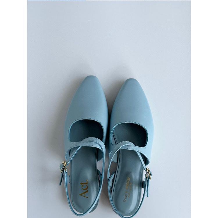 DANDT 2023夏季新款涼鞋女小眾原單包頭真皮舒適藍色平底尖頭淺口單鞋(23 JUN CHI)外銷女鞋