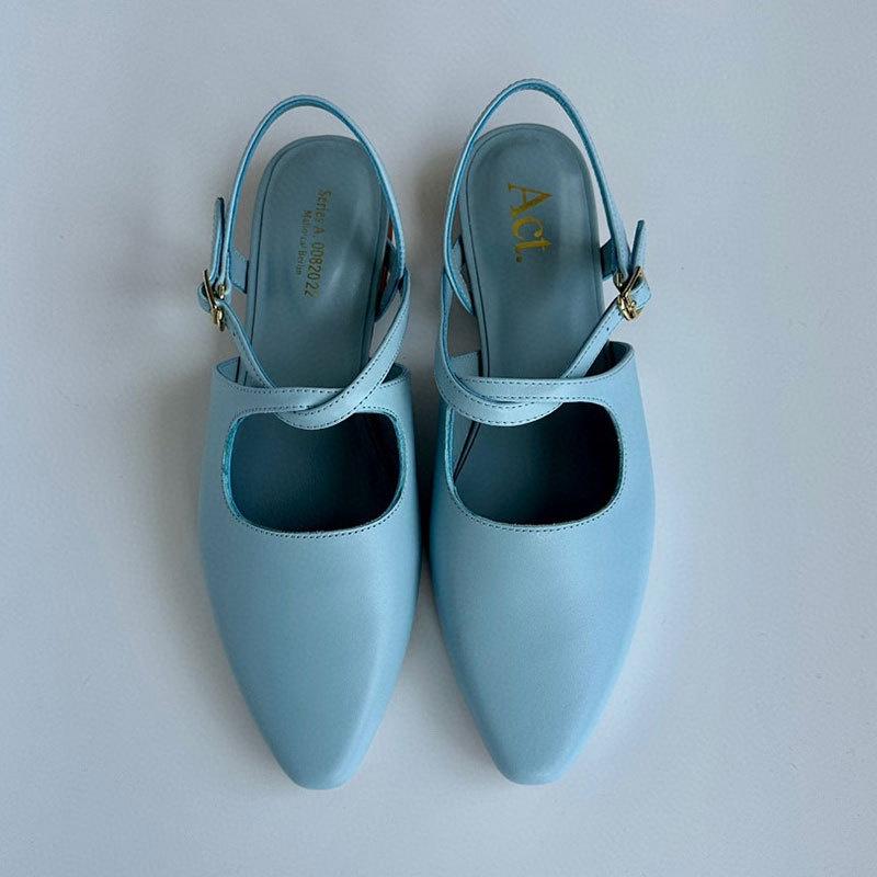 DANDT 2023夏季新款涼鞋女小眾原單包頭真皮舒適藍色平底尖頭淺口單鞋(23 JUN CHI)外銷女鞋