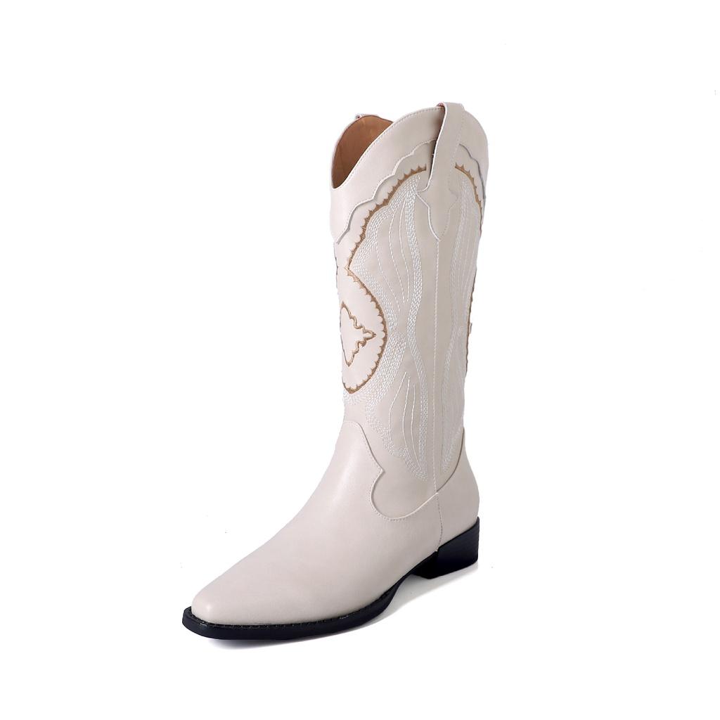 DANDT2023復古刺綉西部牛仔靴 v口粗跟高跟白色長筒騎士靴高筒長靴子女(23 AUG SAK) 歐美女鞋