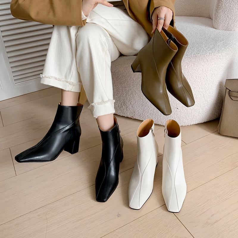 DANDT法式復古棕色高跟小短靴女2023新款春秋單靴時尚粗跟方頭瘦瘦靴子(23 AUG SAK) 歐美女鞋