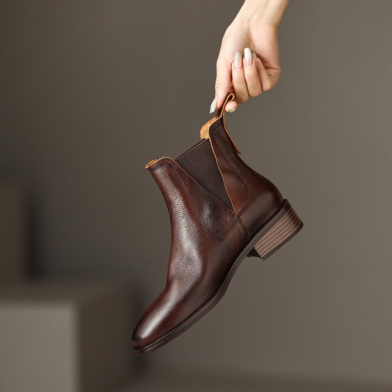 DANDT3cm英倫風切爾西靴女頭層牛皮一腳蹬時尚粗跟復古低跟短靴及踝靴(23 AUG SAK) 歐美女鞋