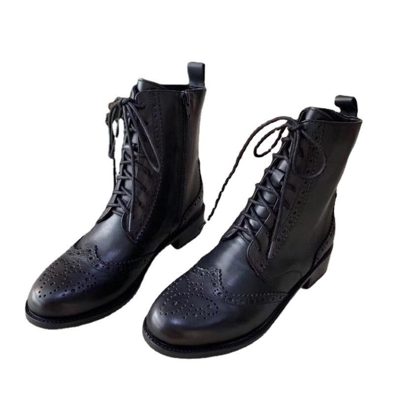 DANDT2021新款系帶馬丁靴切爾西女靴短靴真皮圓頭粗跟橡膠綁帶舒適牛皮(23 SEP TRA) 外銷女鞋