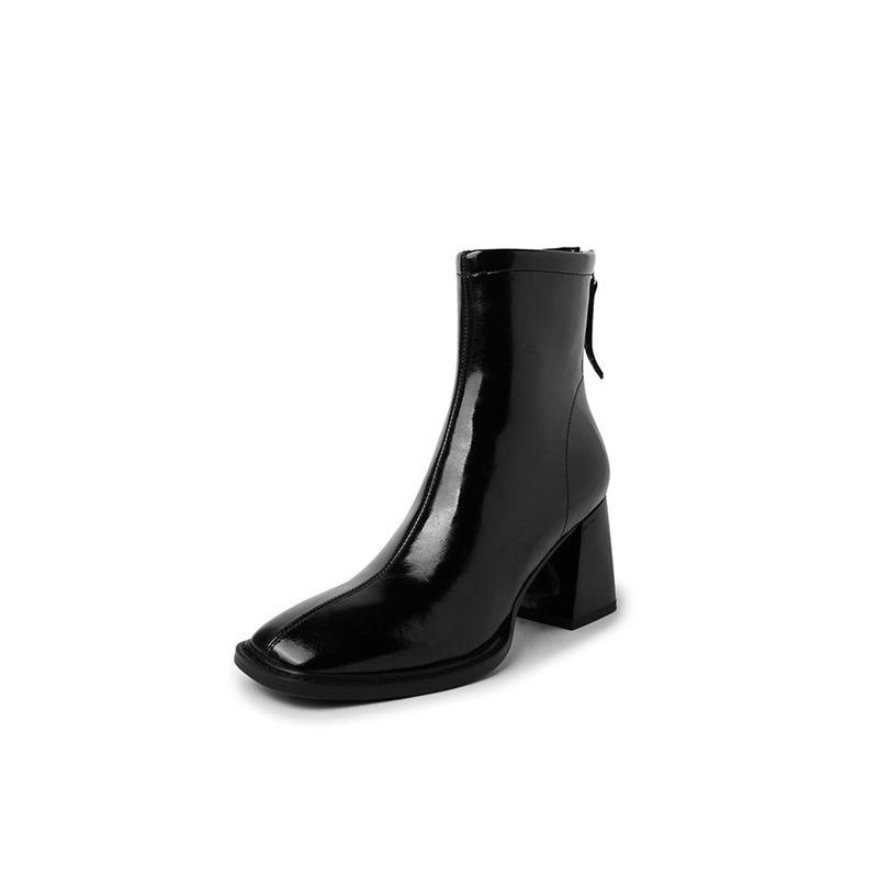 DANDT春秋皮靴2023新款單靴子時尚氣質瘦瘦靴韓版粗跟靴方頭高跟短靴女(23 AUG SAK) 歐美女鞋