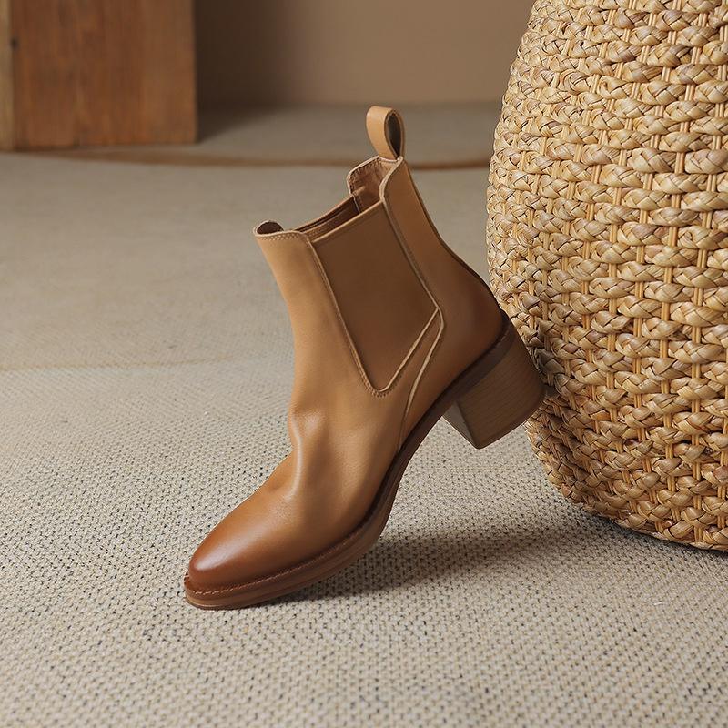 DANDT法式復古英倫風擦色軟皮馬丁靴女短靴粗跟中跟頭層牛皮切爾西靴子(23 AUG SAK) 歐美女鞋