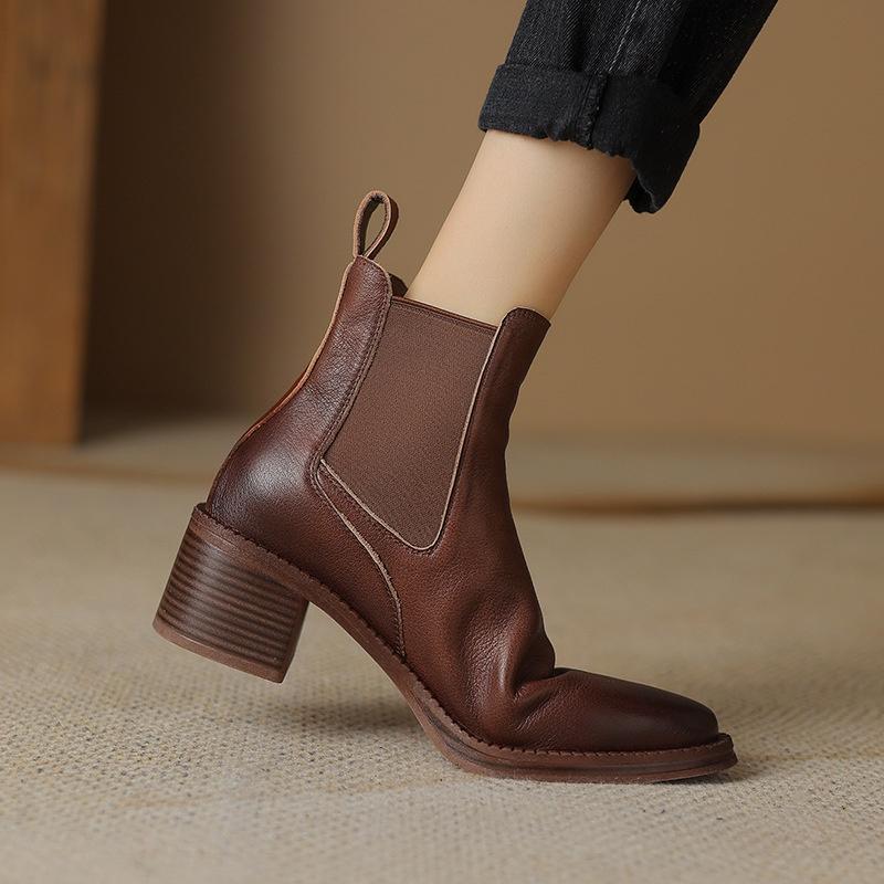 DANDT法式復古英倫風擦色軟皮馬丁靴女短靴粗跟中跟頭層牛皮切爾西靴子(23 AUG SAK) 歐美女鞋