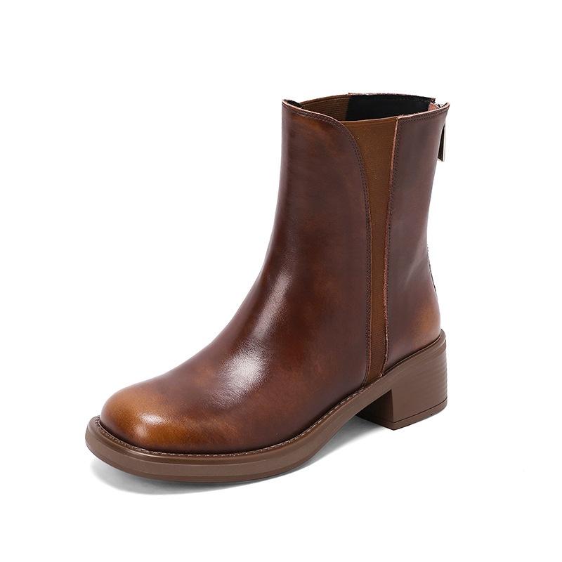 DANDT法式小短靴女洋氣棕色復古做舊切爾西靴秋冬加絨厚底時尚高跟靴子(23 AUG SAK) 歐美女鞋