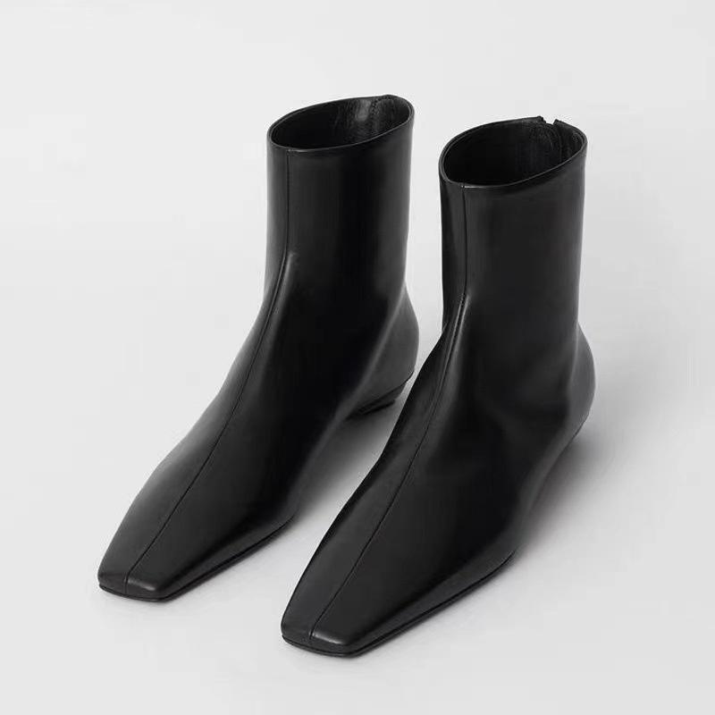 DANDTToteme短靴 黑色、復古方頭后拉鏈真皮法式粗跟低跟短筒單靴(23 SEP TRA) 外銷女鞋