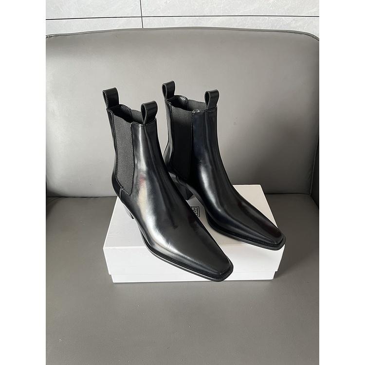 DANDT法式復古短筒中跟切爾西女靴2023新款頭層牛皮百搭休閑簡約短靴(23 SEP TRA) 外銷女鞋