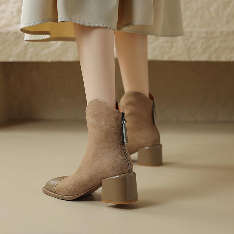 DANDT法式小短靴女瘦瘦靴粗跟方頭小個子高跟鞋2023新款秋冬中筒馬丁靴(23 AUG SAK) 歐美女鞋