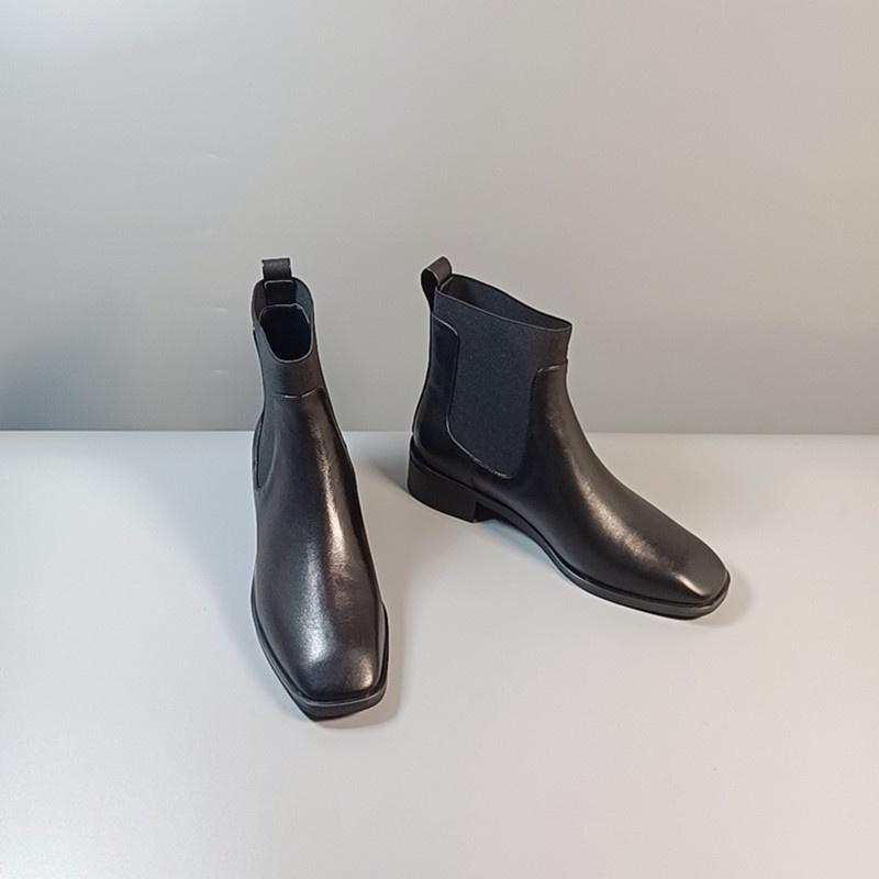 DANDT小眾設計LABUCQ真皮方頭短靴2023年秋冬復古黑色百搭低跟切爾西靴(23 SEP TRA) 外銷女鞋